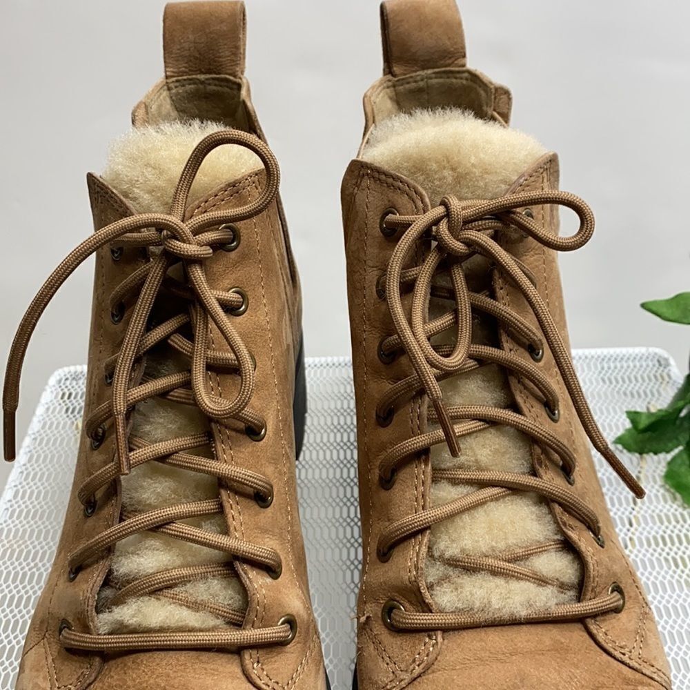 EILEEN FISHER Women Calm Tan Suede Shearling Platform lug Sole‎ Hiker Bootie 7.5 - Picture 7 of 13